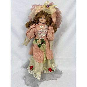 Porcelain Doll 15" Blue Eyes Brown Hair Pink Floral Dress Hat Vintage Figure